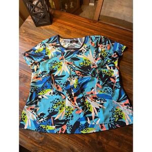 Koi Lite Scrub Top Women's 2X Blue Tropical Leaf Leopard Print Scrub Top
